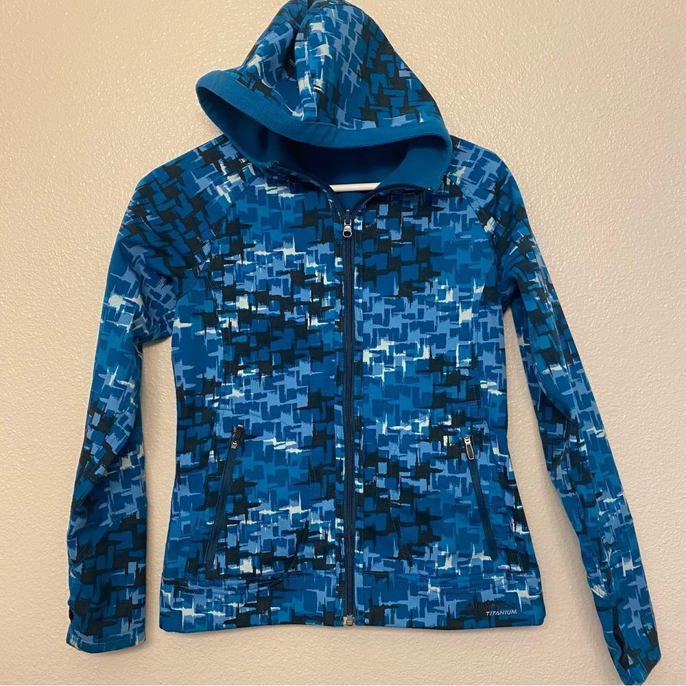 Columbia Titanium blue print fleece lined soft shell reversible women jacket XS